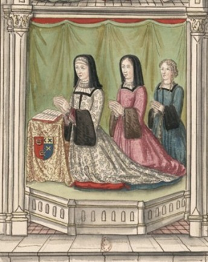 Vitrail des Célestins de Rouen sur lequel sont représentés - soit la belle-mère la femme et ja belle-sœur de Louis Malet de Graville - soit sa femme et deux de ses filles